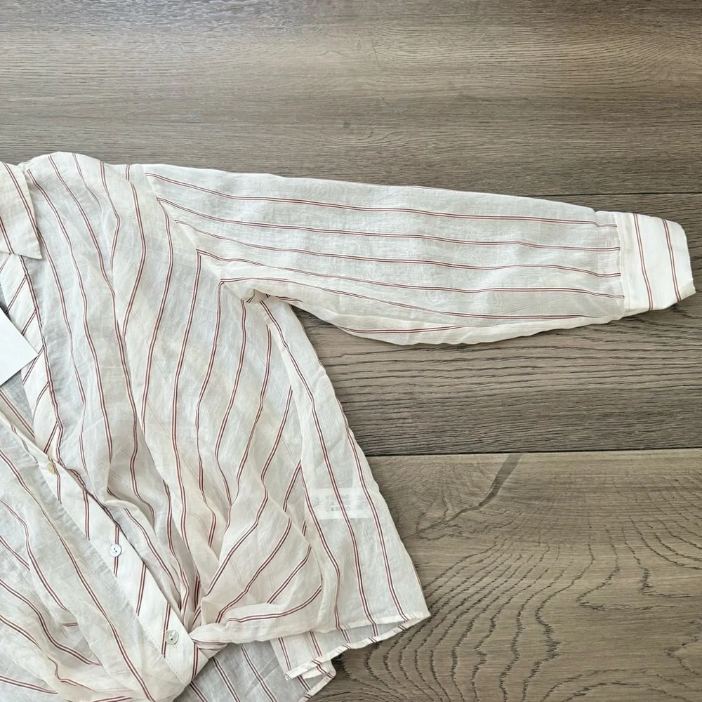 NWT Zara Cream and Red Striped Sheer Top Knotted Hem Medium - Picture 4 of 12